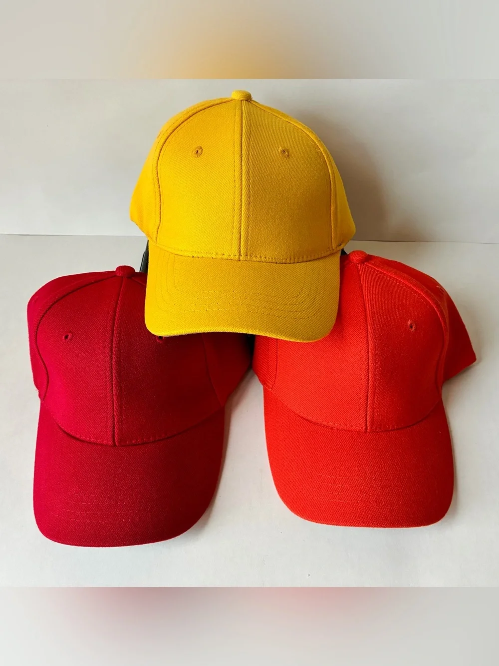 Set of 3 Wool Blend Fitted Ballcap Hats S/M 6 Panel Blank Red Yellow Orange